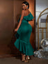 SHEIN Faeriesty Women's Elegant Asymmetric Neckline Emerald Green Knit Cocktail Dress, Ruffle Hem, Long Fitted Party Gown Wedding