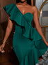 SHEIN Faeriesty Women's Elegant Asymmetric Neckline Emerald Green Knit Cocktail Dress, Ruffle Hem, Long Fitted Party Gown Wedding