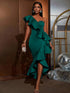 SHEIN Faeriesty Women's Elegant Asymmetric Neckline Emerald Green Knit Cocktail Dress, Ruffle Hem, Long Fitted Party Gown Wedding