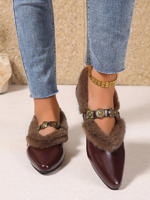 SHEIN Fall/Winter Women's Flat Slip-On Shoes, With Pointed Toe, Fluffy, Metal Buckle Decor, Wine Red PU Material, Flat Sole, Suitable For Winter,Fur Shoes