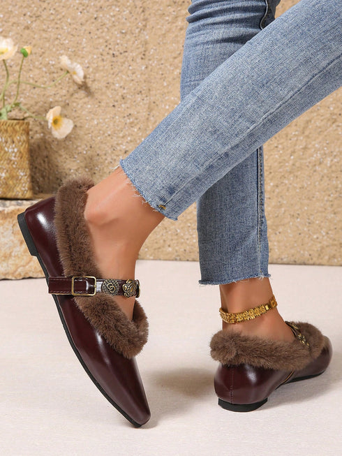 SHEIN Fall/Winter Women's Flat Slip-On Shoes, With Pointed Toe, Fluffy, Metal Buckle Decor, Wine Red PU Material, Flat Sole, Suitable For Winter,Fur Shoes