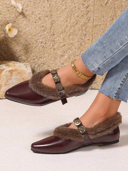 SHEIN Fall/Winter Women's Flat Slip-On Shoes, With Pointed Toe, Fluffy, Metal Buckle Decor, Wine Red PU Material, Flat Sole, Suitable For Winter,Fur Shoes