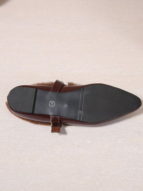 SHEIN Fall/Winter Women's Flat Slip-On Shoes, With Pointed Toe, Fluffy, Metal Buckle Decor, Wine Red PU Material, Flat Sole, Suitable For Winter,Fur Shoes