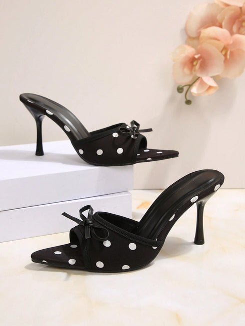 SHEIN أحذية نسائية عصرية بفيونكة ومنقطة بدون كعب، مدببة من الأمام بكعب عالي رفيع للفساتين/ الكاجوال