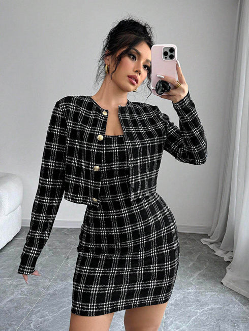 Firerie Women 2pcs Set: Plaid Print Fitted Cami Midi Dress & Jacket