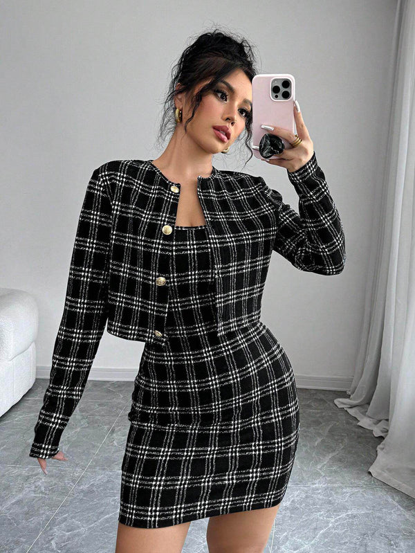 Firerie Women 2pcs Set: Plaid Print Fitted Cami Midi Dress & Jacket