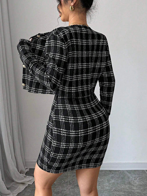 SHEIN Firerie Women 2pcs Set: Plaid Print Fitted Cami Midi Dress & Jacket