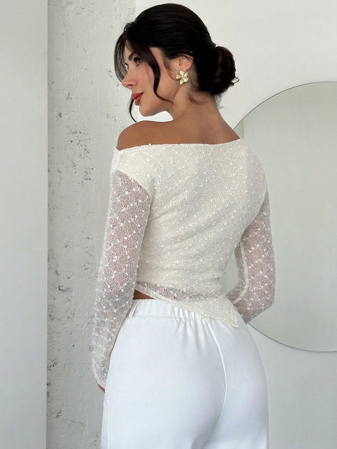 تي شيرت SHEIN Firerie نسائي أنيق للحفلات الصيفية باللون الأبيض المائل بكتف مائل وحاشية غير متماثلة وكم طويل ومحكم، بلوزة أنيقة