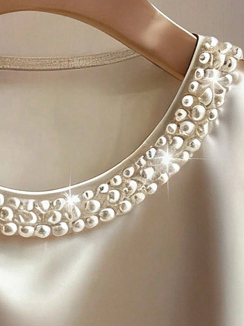 بدلة نسائية بلا أكمام من SHEIN Franclia، بودي سوت بياقة ساتان مطرز باللؤلؤ الصناعي، شامبانيا لامعة بيضاء وذهبية، قميص علوي أنيق للحفلات الشاطئية المسائية الصيفية