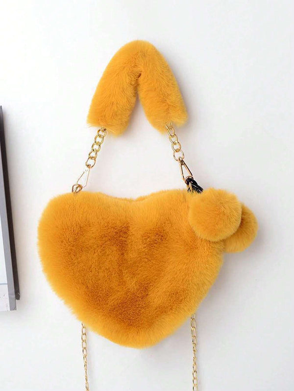 SHEIN Furry Purse For Girls Heart Shaped Fluffy Handbag (Yellow)