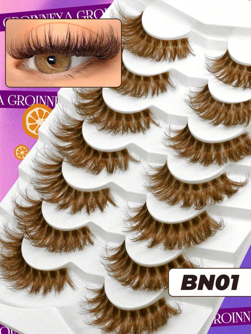 SHEIN GROINNEYA 7 Pairs Brown Faux Mink Eyelashes, Transparent Lash Stem, Natural Fluffy Makeup Effect, Makeup Tools (BN01), Strip Eyelashes, Lashes, False Eyelashes, Fake Eyelashes
