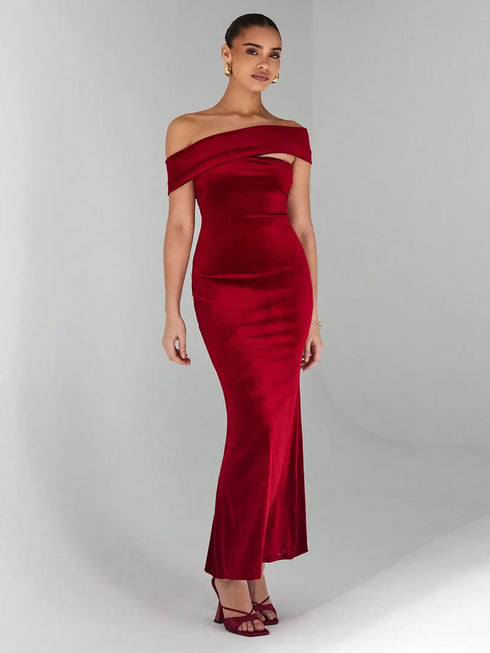 SHEIN Glamine Burgundy Color Asymmetric Sexy Off The Shoulder Dress