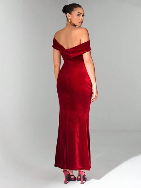 SHEIN Glamine Burgundy Color Asymmetric Sexy Off The Shoulder Dress