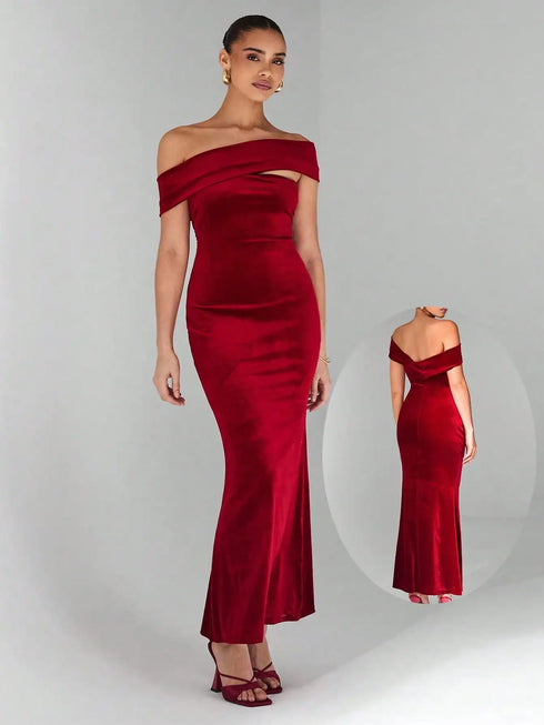 SHEIN Glamine Burgundy Color Asymmetric Sexy Off The Shoulder Dress