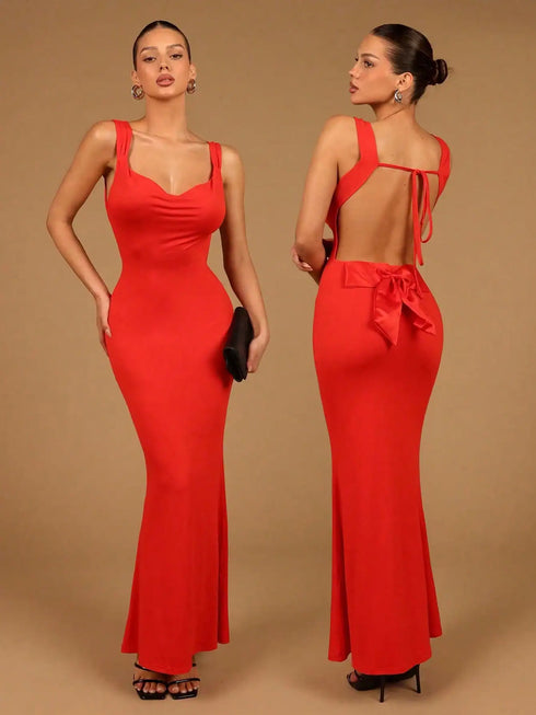 SHEIN Elegant Sexy Drop-Collar Halter Satin Bow Fishtail Dress