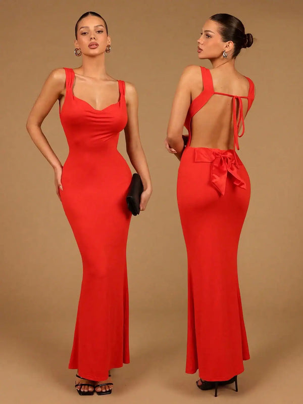 SHEIN Elegant Sexy Drop-Collar Halter Satin Bow Fishtail Dress