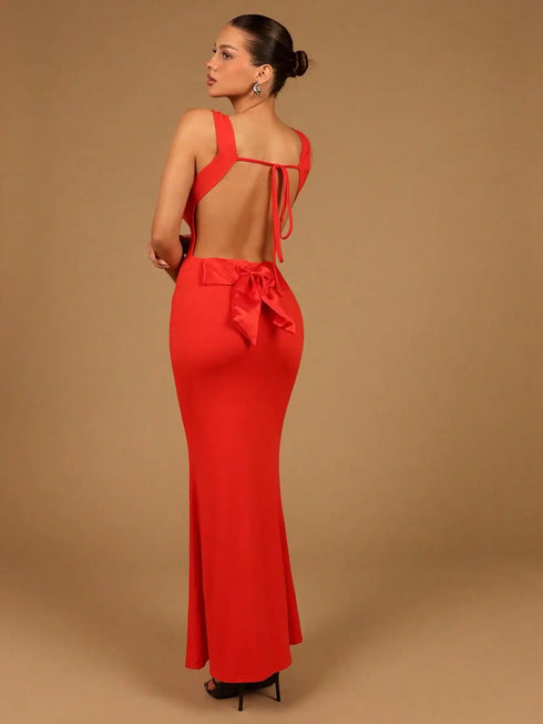 SHEIN Elegant Sexy Drop-Collar Halter Satin Bow Fishtail Dress