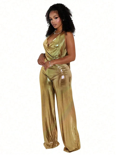 SHEIN Gold Backless Sleeveless Jumpsuit