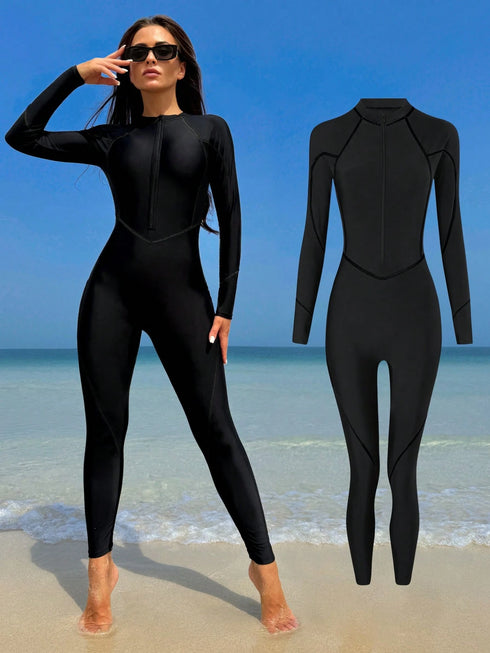 SHEIN HaiiMeid Solid Color Contrast Trim Fitted Long Sleeve Zipper Front Sporty One Piece Swimsuit Vacation Beach Black Summer