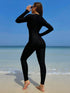 SHEIN HaiiMeid Solid Color Contrast Trim Fitted Long Sleeve Zipper Front Sporty One Piece Swimsuit Vacation Beach Black Summer