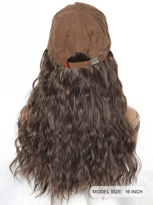 SHEIN Hat Wig Synthetic Adjustable Long Wavy Wig Brown Baseball Cap