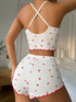 SHEIN Heart Print Lettuce Trim Bow Front PJ Set / Pajama Set White Set