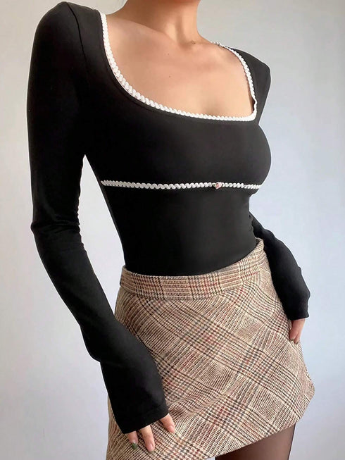 SHEIN INAWLY Lace Splice Pure Round Neck Long Sleeve T-Shirt For Young Women Fall Cloth For Women