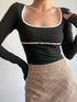 SHEIN INAWLY Lace Splice Pure Round Neck Long Sleeve T-Shirt For Young Women Fall Cloth For Women