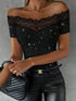 SHEIN Sexy Lace Panel Glossy Off Shoulder Short Sleeve T-Shirt