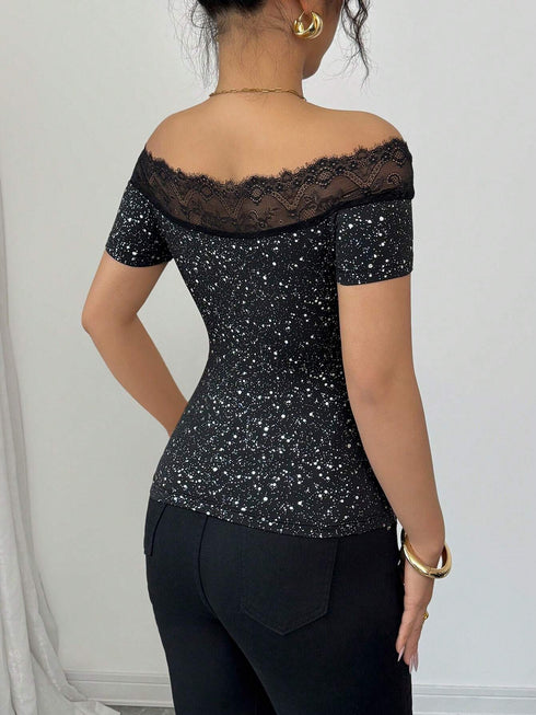 SHEIN Sexy Lace Panel Glossy Off Shoulder Short Sleeve T-Shirt