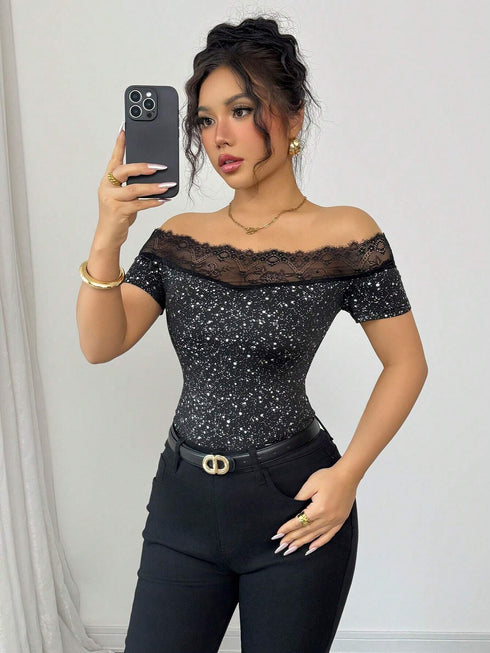 SHEIN Sexy Lace Panel Glossy Off Shoulder Short Sleeve T-Shirt