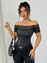 SHEIN Sexy Lace Panel Glossy Off Shoulder Short Sleeve T-Shirt