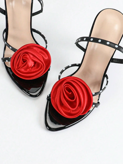 SHEIN Jin Bei Qi Spring/Summer Women's 3D Rose Decor Ankle Strap Round Toe High Heel Sandals, Elegant Fashion Party Heels, Wine Red