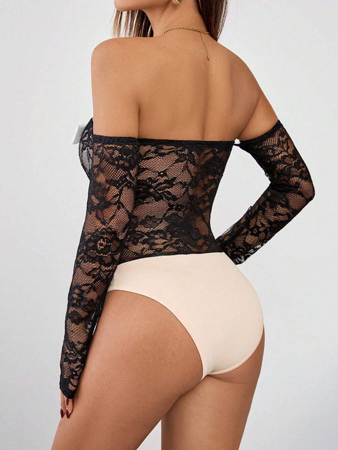Lace Patchwork Off Shoulder Bow Decor Long Sleeve Bodysuit