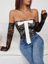 Lace Patchwork Off Shoulder Bow Decor Long Sleeve Bodysuit