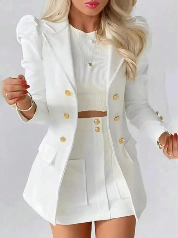 SHEIN Ladies Commuting Lapel Neck Double-Breasted Blazer And Skirt Suit Set