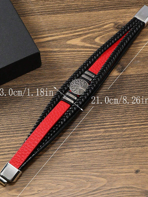 Leather Men Bracelet With Life Tree, Viking Pattern