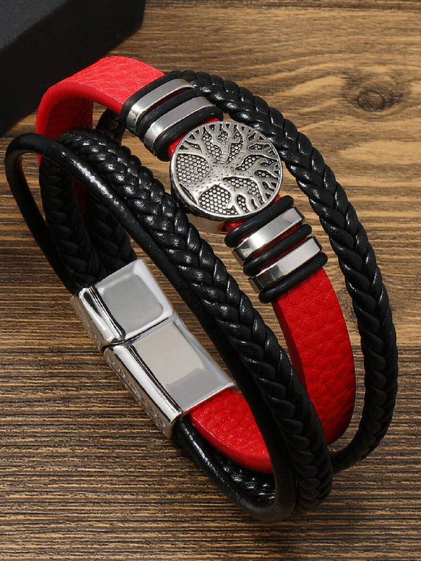 Leather Men Bracelet With Life Tree, Viking Pattern