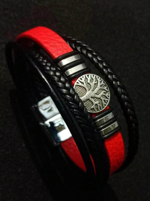 SHEIN Leather Men Bracelet With Life Tree, Viking Pattern