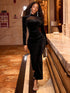 Lureya Women's Elegant Sexy Black Velvet High Neck Sheer Panel Long Sleeve Fitted Mermaid Midi Dress