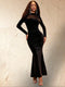 Lureya Women's Elegant Sexy Black Velvet High Neck Sheer Panel Long Sleeve Fitted Mermaid Midi Dress