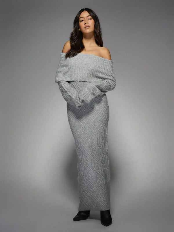 Luxurious Off-Shoulder Cable Knit Maxi Sweater Dress