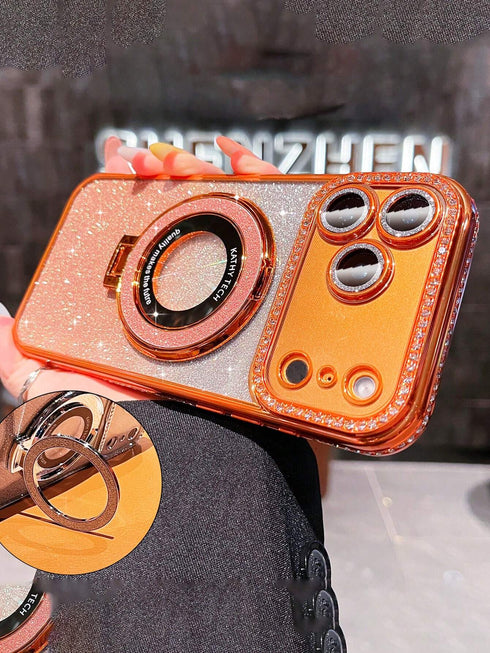 Luxury Bling Glitter Camera Rhinestone Ring Holder Gradient Sequins Plating Phone Case Compatible With IPhone