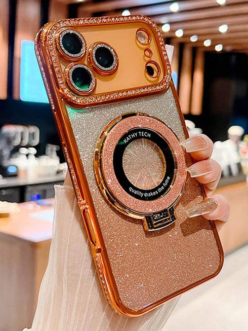 SHEIN Luxury Bling Glitter Camera Rhinestone Ring Holder Gradient Sequins Plating Phone Case Compatible With IPhone