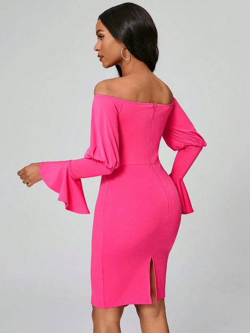 SHEIN Lyxana Women Solid Color Off Shoulder Flare Sleeve Fitted Elegant Dress