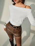 SHEIN Lyxana Women's Plain White Semi-Sheer Rib-Knit Asymmetrical Neck Long Sleeve Crop Top