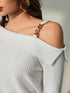 SHEIN Lyxana Women's Plain White Semi-Sheer Rib-Knit Asymmetrical Neck Long Sleeve Crop Top