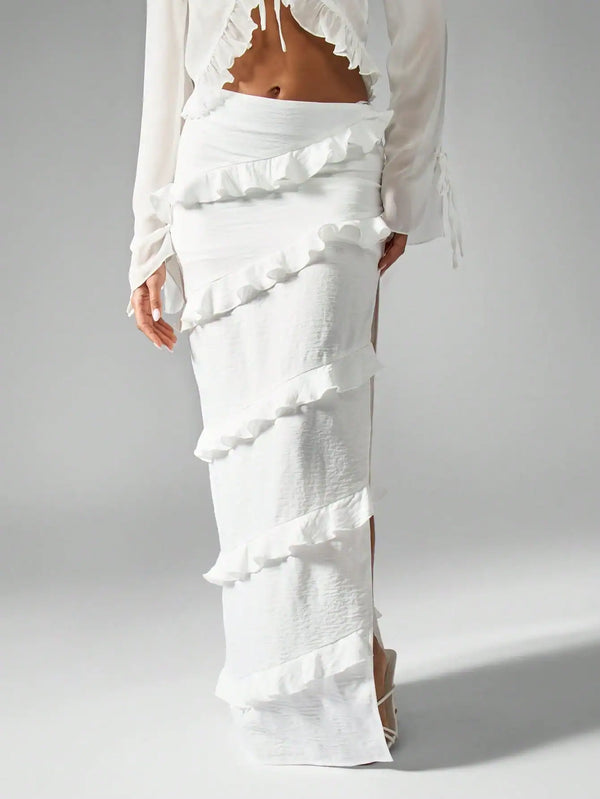 SHEIN MISSGUIDED Linen Feel Ruffle Tiered Maxi Skirt With Long Side Split Summer Beach Vacation