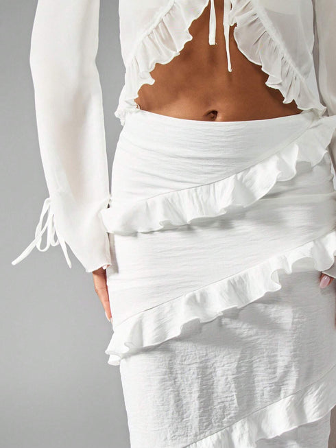 SHEIN MISSGUIDED Linen Feel Ruffle Tiered Maxi Skirt With Long Side Split Summer Beach Vacation