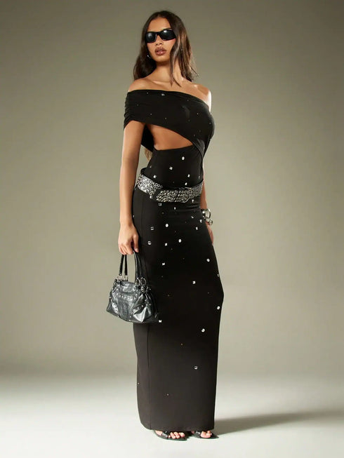 SHEIN MISSGUIDED Off Shoulder Evening Gown Studded Bardot Cut Out Waist Long Dress Crystal